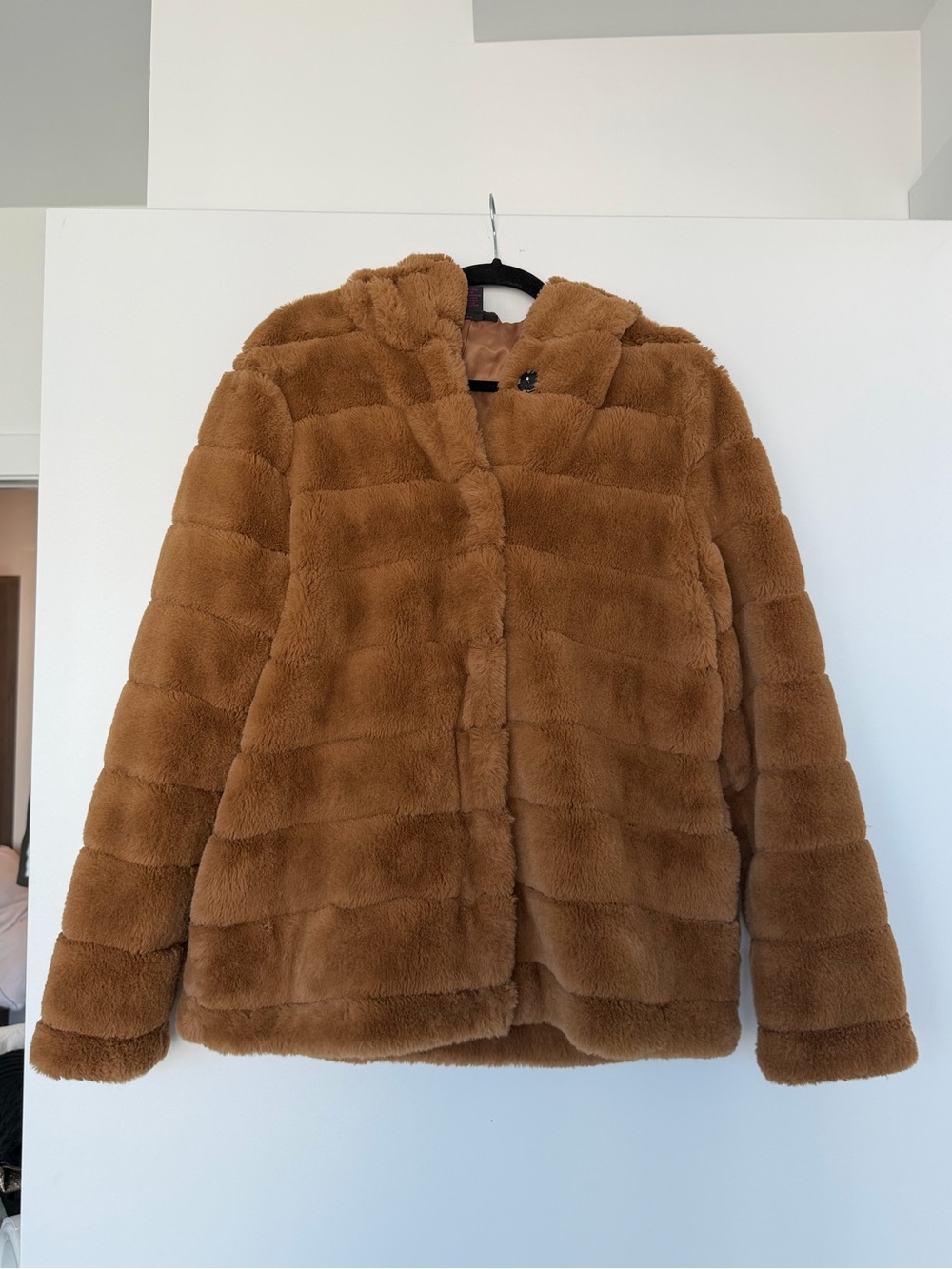 Christian Siriano Hooded Faux Fur Teddy Coat in Camel Brown